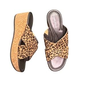 Donald J Pliner Seva Leopard Calf Hair Leather Cork Sandals 8 M NEW
